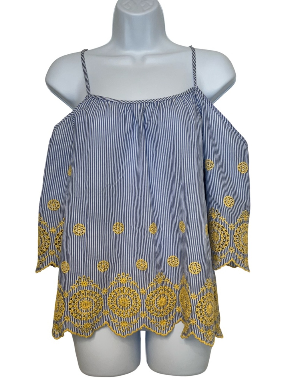 Rebellion Blue-and-White Striped Cold-Shoulder Camisole with Yellow Embroidery